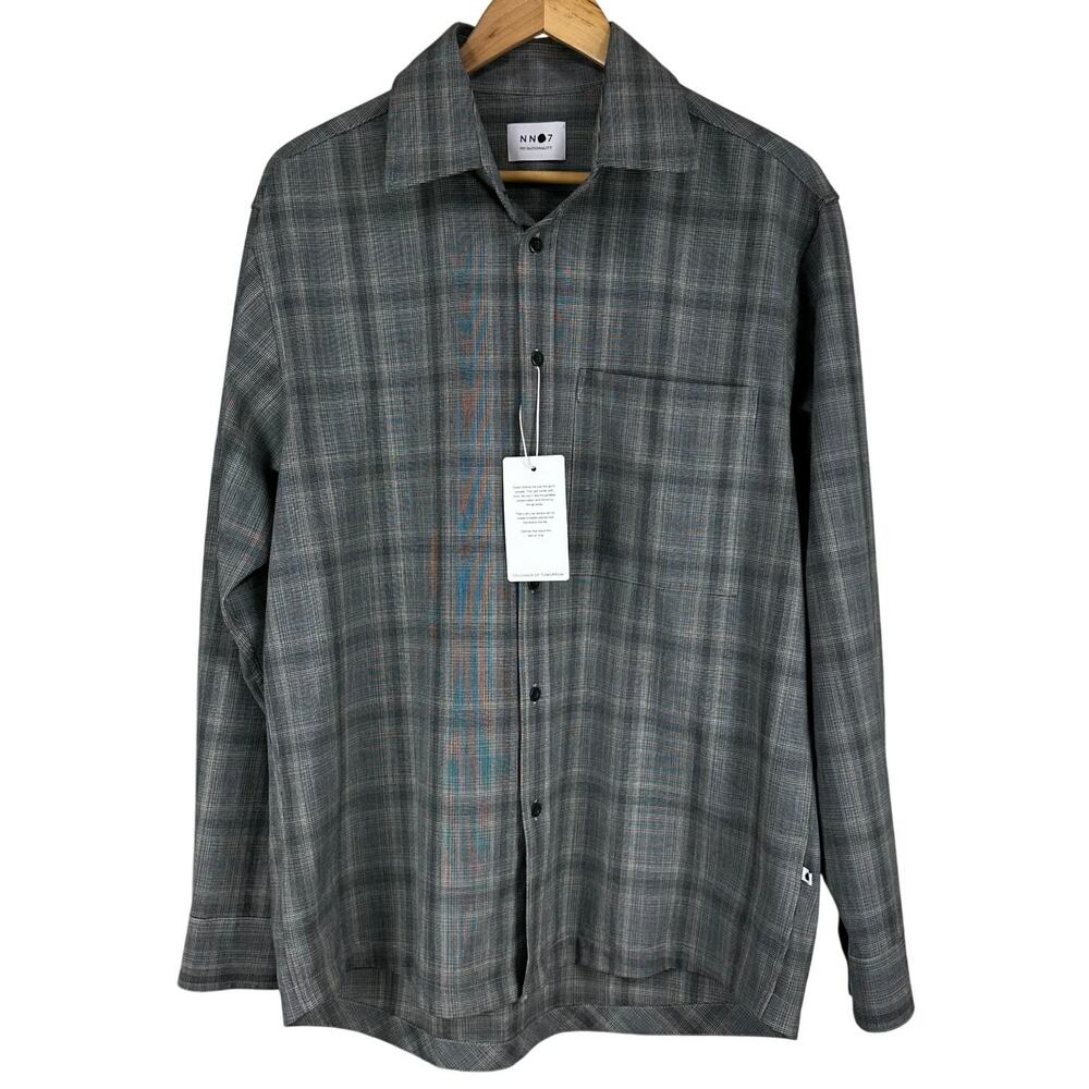 NN07 NWT Hans Long Sleeve Plaid Gray Blue Button Up Shirt Men's Size L
